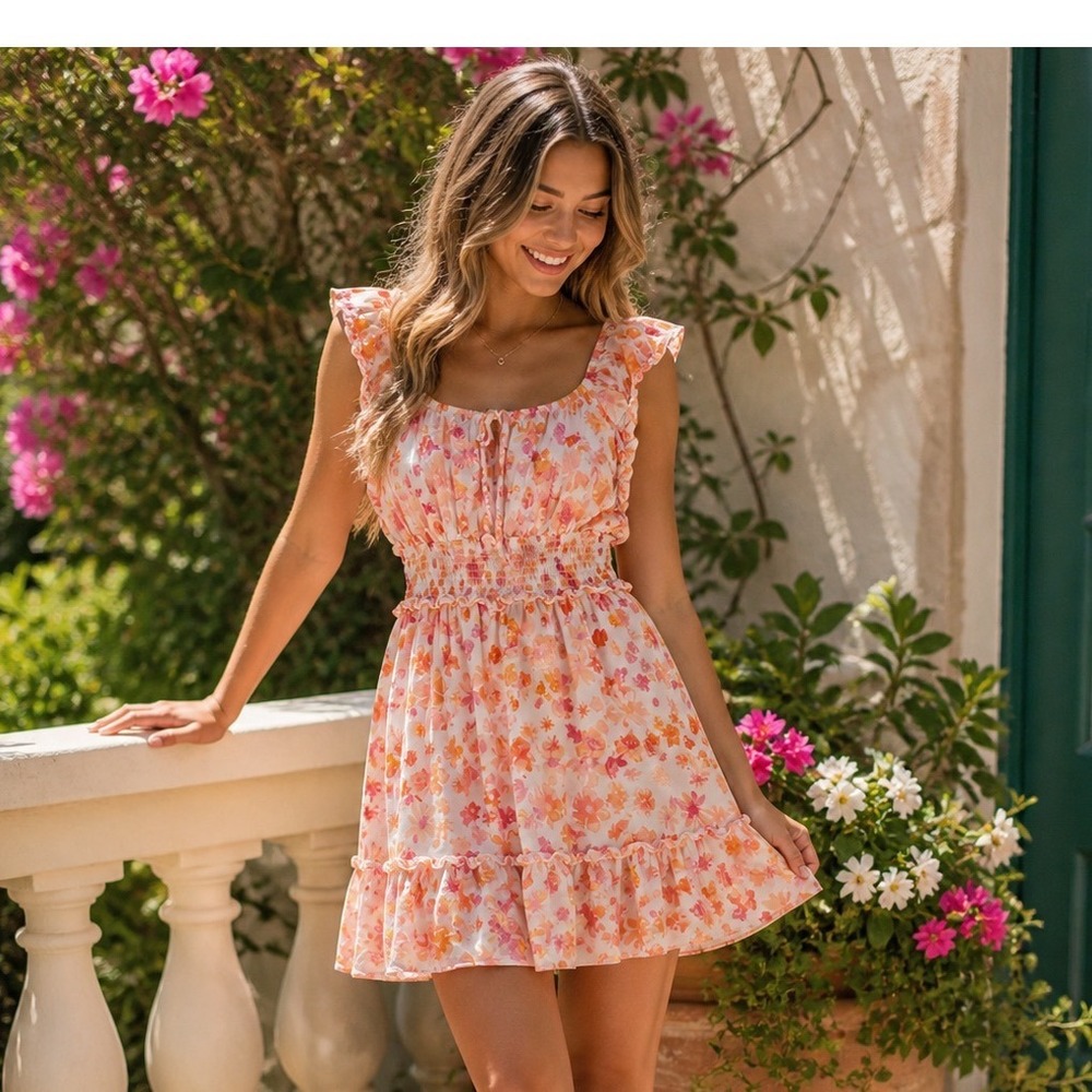 Wild Fable Floral Mini Dress Womens M Smocked Cottagecore Soft Girl Ruffle Hem